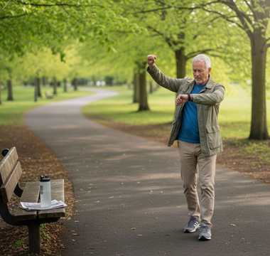 Older man walking in bright morning park