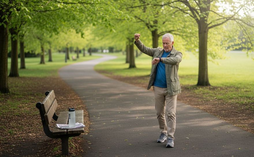 Older man walking in bright morning park