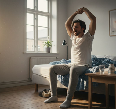 En mand vågner op i sit hyggelige soveværelse i lejligheden, mens morgenlyset stille strømmer ind.