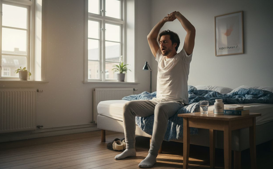 En mand vågner op i sit hyggelige soveværelse i lejligheden, mens morgenlyset stille strømmer ind.