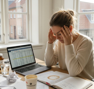 Kvinde sidder træt ved skrivebordet på kontoret og kæmper for at holde øjnene åbne.