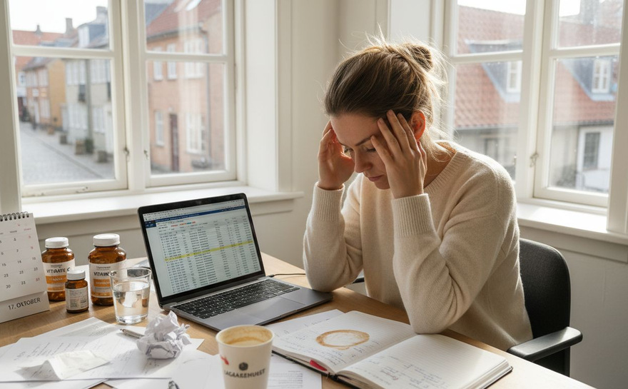 Kvinde sidder træt ved skrivebordet på kontoret og kæmper for at holde øjnene åbne.