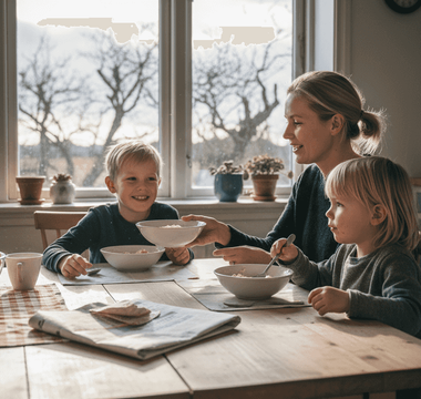 Hyggelig morgenmad med familien, hvor vinterens solstråler falder ind gennem køkkenvinduerne.