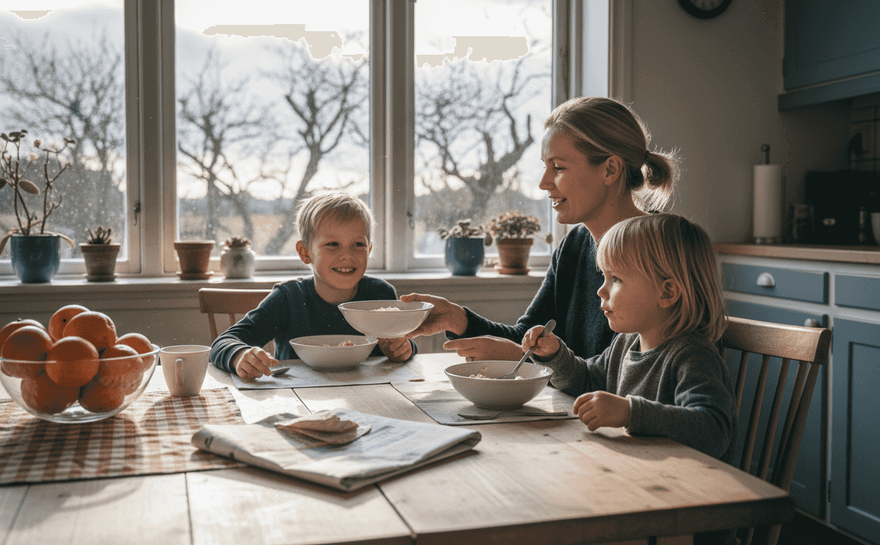 Hyggelig morgenmad med familien, hvor vinterens solstråler falder ind gennem køkkenvinduerne.