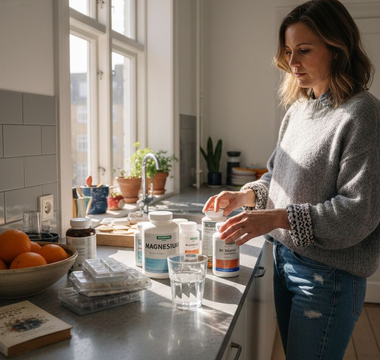 En kvinde står i køkkenet og organiserer sine vitaminbøtter.