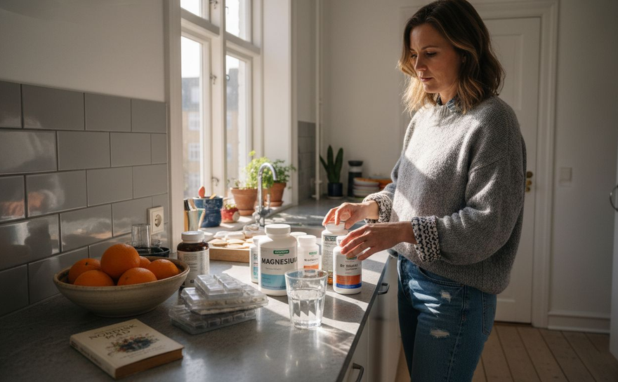 En kvinde står i køkkenet og organiserer sine vitaminbøtter.