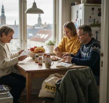 En dansk familie sidder i køkkenet en vintermorgen og sorterer vitaminer sammen.