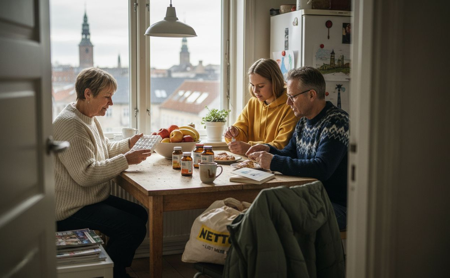 En dansk familie sidder i køkkenet en vintermorgen og sorterer vitaminer sammen.