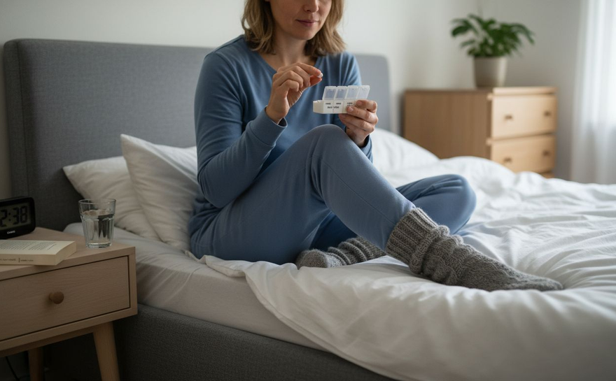 En kvinde tager magnesiumtilskud inden sengetid for at få en rolig nat.