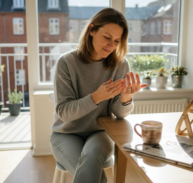 Hun sidder ved køkkenbordet og kigger nærmere på sine negle.