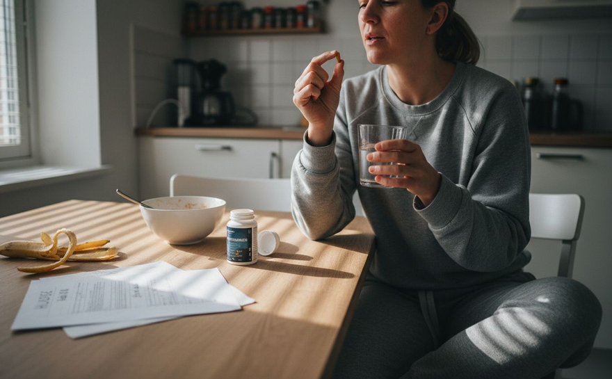 En kvinde nyder solen, mens hun tager sine vitaminer.