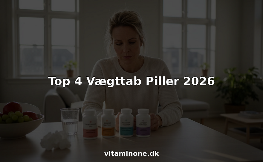 En kvinde sidder ved køkkenbordet og overvejer, hvilke slankepiller hun skal vælge.