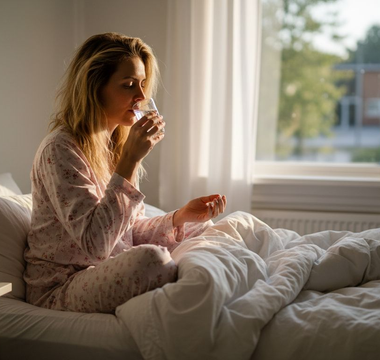 En kvinde sidder i soveværelset og tager sine vitamintilskud ved morgenmaden.