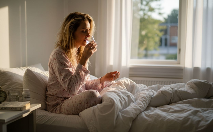 En kvinde sidder i soveværelset og tager sine vitamintilskud ved morgenmaden.