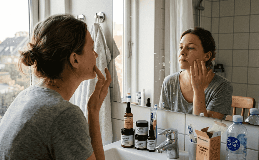 En kvinde står foran spejlet og forkæler sin hud med vitaminerig hudpleje.