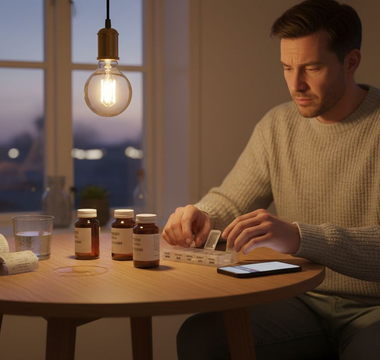 En mand gør klar til sin daglige rutine med kosttilskud hjemme i køkkenet.