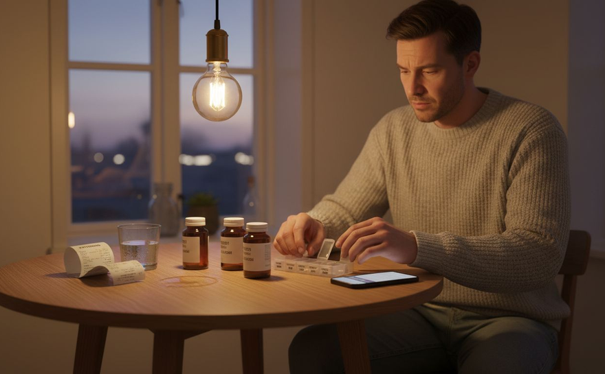 En mand gør klar til sin daglige rutine med kosttilskud hjemme i køkkenet.