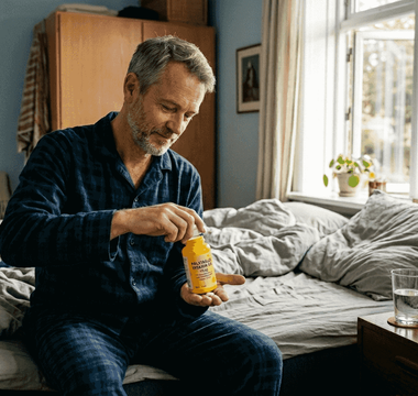 En mand tager sin daglige D-vitamin i soveværelset.