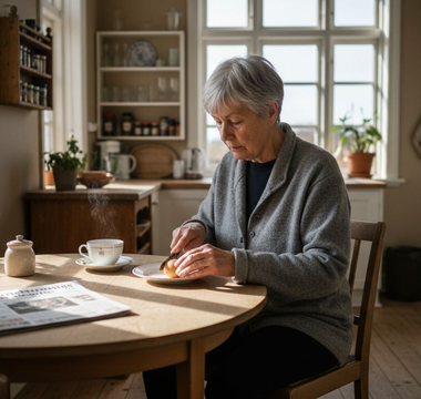 En ældre dame nyder en morgenmad med masser af B12-vitamin