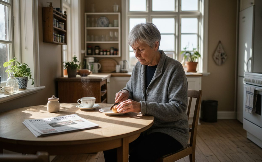 En ældre dame nyder en morgenmad med masser af B12-vitamin