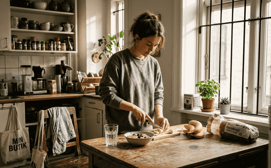 En kvinde står ved køkkenbordet og gør klar til en sund og næringsrig morgenmad.
