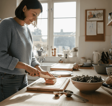 En kvinde står i sit lyse køkken og forbereder laks til aftensmaden, mens solens stråler falder ind ad vinduet.