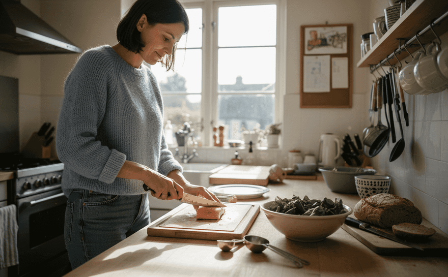 En kvinde står i sit lyse køkken og forbereder laks til aftensmaden, mens solens stråler falder ind ad vinduet.