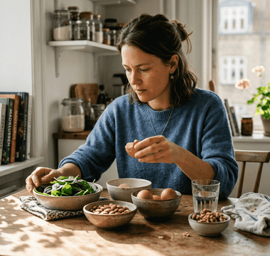En kvinde sidder ved køkkenbordet og sorterer madvarer, der er rige på biotin.