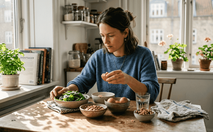En kvinde sidder ved køkkenbordet og sorterer madvarer, der er rige på biotin.