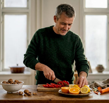 En mand står i køkkenet og gør friske frugter og grøntsager klar.
