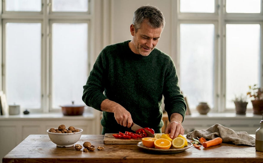 En mand står i køkkenet og gør friske frugter og grøntsager klar.