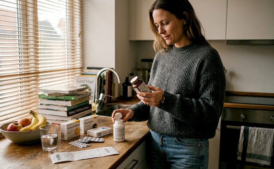 Kvinde tester og vurderer vitaminer, der kan hjælpe med at forbedre søvnen