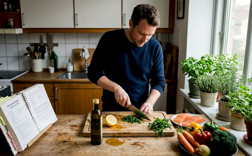 En mand står i køkkenet og gør laks og grøntsager klar til aftensmaden.
