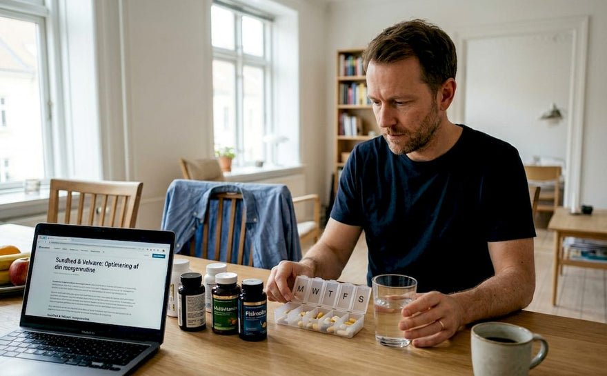 En mand sidder derhjemme og kigger sine kosttilskud igennem.