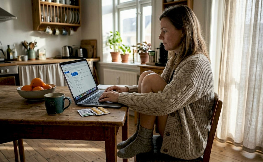 En kvinde sidder ved køkkenbordet og arbejder, mens hun har sine vitaminer stående ved siden af sig.