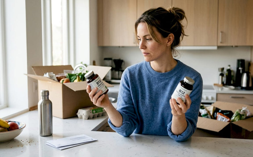 Kvinde står i køkkenet og overvejer, hvilken B12-vitamin hun skal vælge.