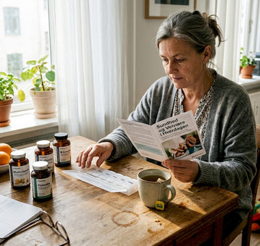 En kvinde sidder ved køkkenbordet og sorterer sine vitaminer.