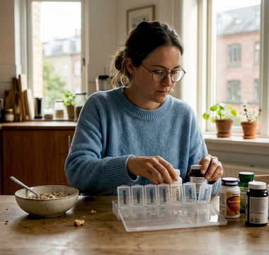 En kvinde sidder ved køkkenbordet og sorterer sine vitaminer.