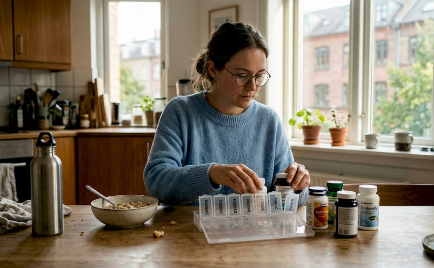 En kvinde sidder ved køkkenbordet og sorterer sine vitaminer.
