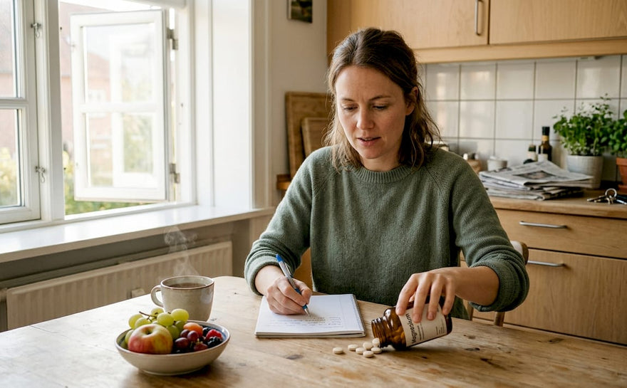 En kvinde tilføjer naturlige kosttilskud til madlavningen hjemme i sit køkken.