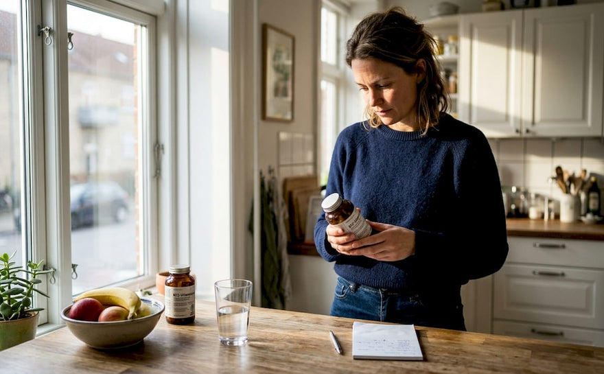 Kvinde står i køkkenet og læser på etiketten af et glas vitaminer.