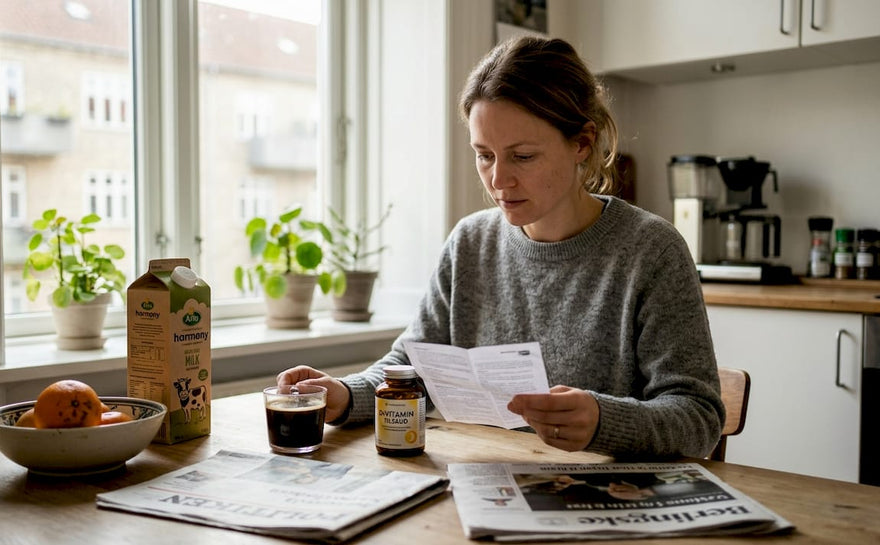 En kvinde gennemgår sine kosttilskud ved køkkenbordet
