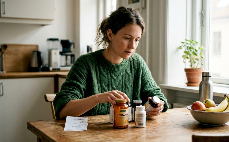 En kvinde sidder ved køkkenbordet og sorterer sine vitaminer.