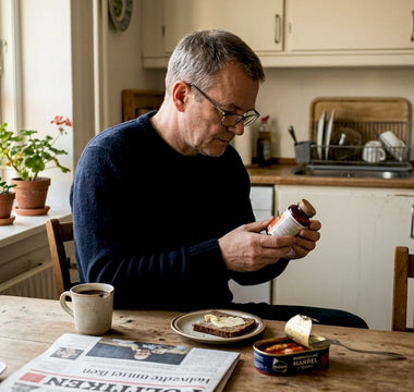 En mand sidder ved køkkenbordet og kigger på sine vitaminpiller.