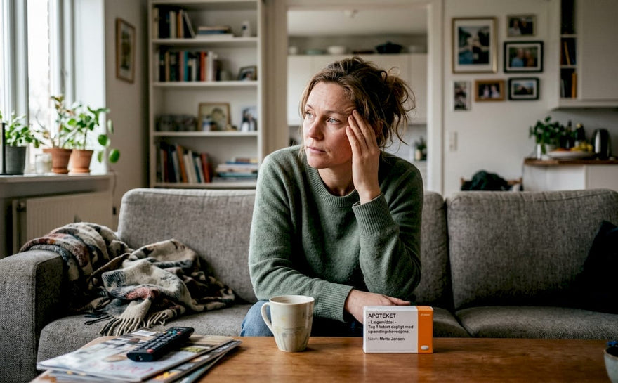Udbrændt kvinde slænger sig på sofaen i en hyggelig stue