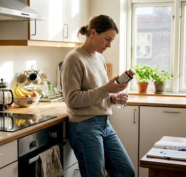 En kvinde står i sit lyse køkken og undersøger etiketten på et vitaminprodukt.