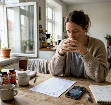 Kvinde gennemgår sine blodprøver for at finde ud af, om hun mangler vitaminer.