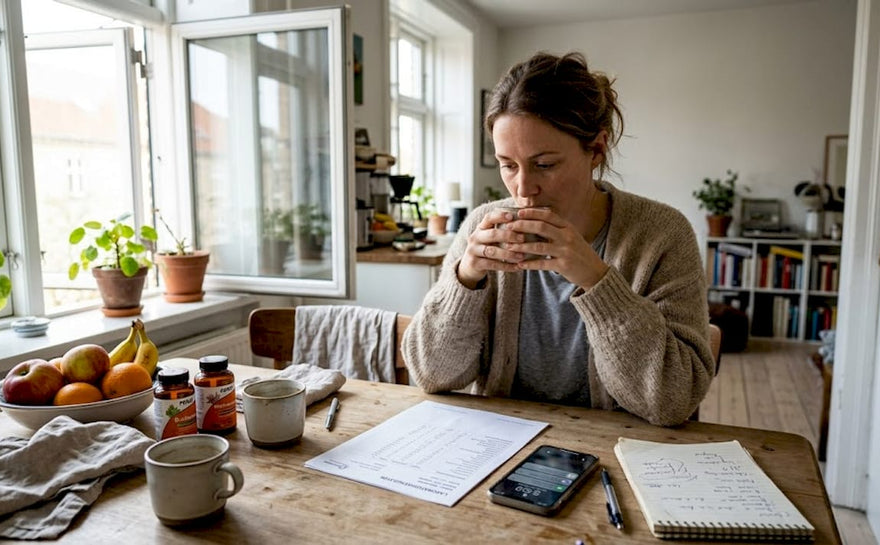 Kvinde gennemgår sine blodprøver for at finde ud af, om hun mangler vitaminer.
