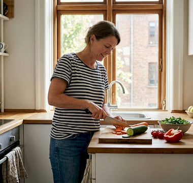En kvinde står i sit hyggelige køkken og laver en sund salat.