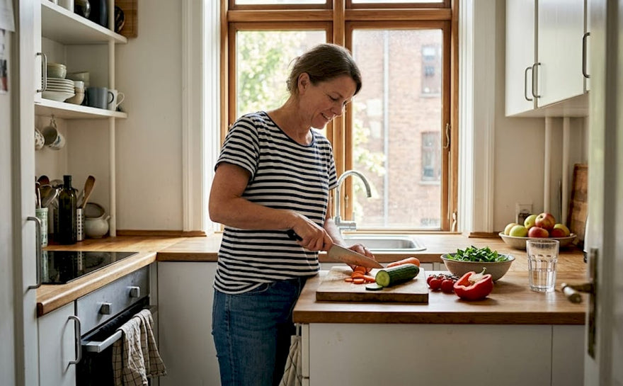 En kvinde står i sit hyggelige køkken og laver en sund salat.